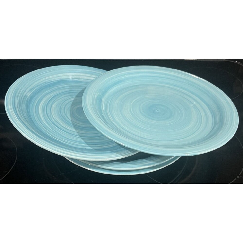 4 Dinner Plates Citrus Grove Aqua Blue Swirl Hand Painted Stoneware 10 5/8"